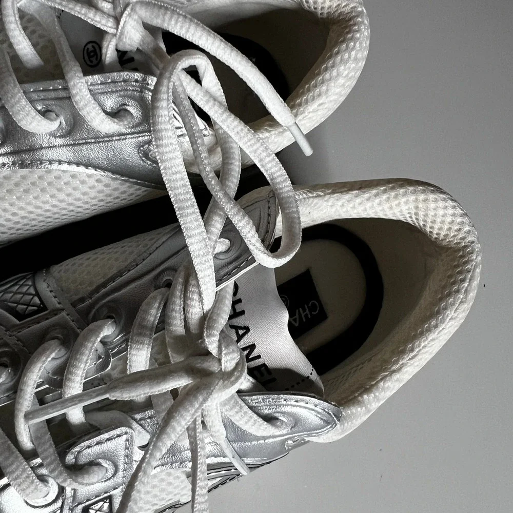 Chanel Metallic Silver White Mesh CC Logo Low Top Sneakers Size 42